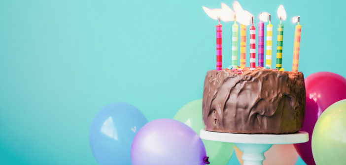 Chocolate birthday cake with colorful candles